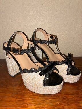 Black T-Strap Platform Sandals with Tweed-Covered Heel